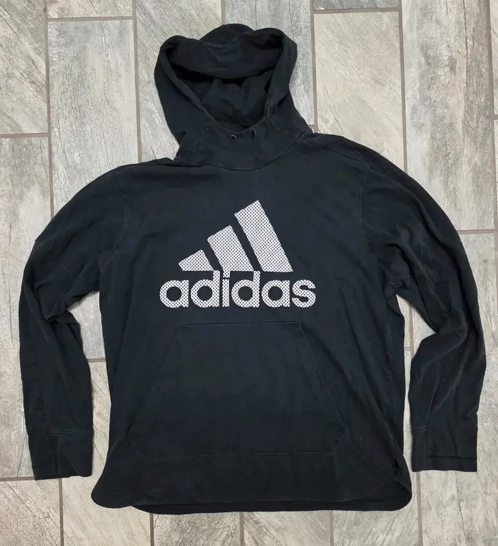 Adidas Hoodie Mens Large Black Pullover Big Logo Sweatshirt Pocket Casual
